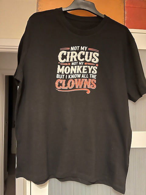 Black t-shirt with white & orange humorous text