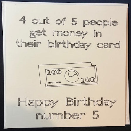 Birthday card with humorous text and a dollar bill design on a white background