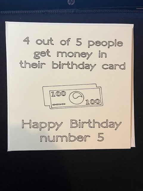 Birthday card with humorous text and a dollar bill design on a white background