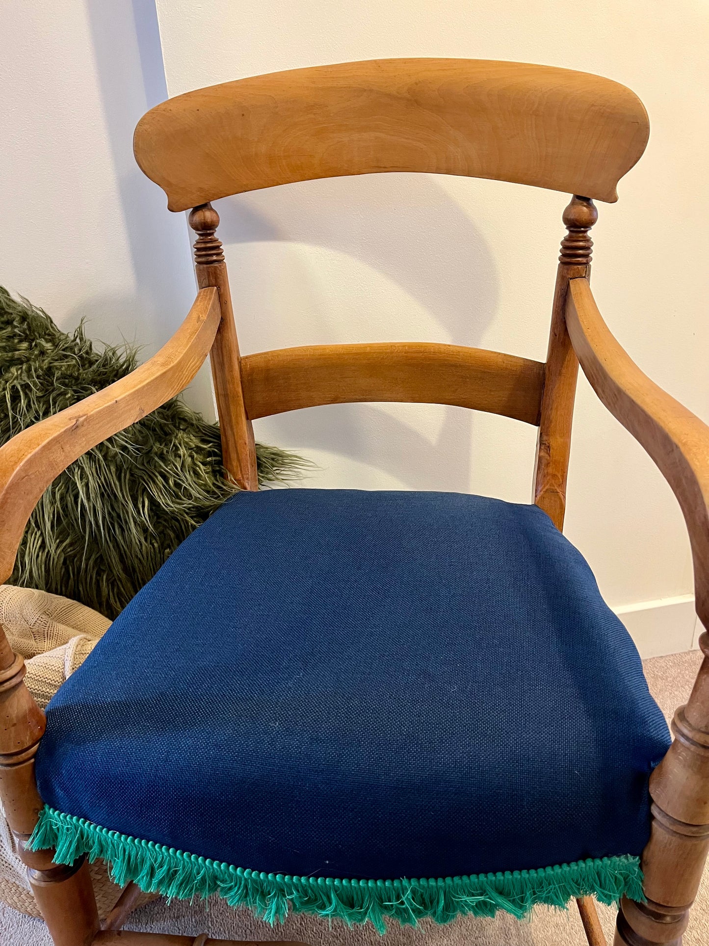 Vintage Carver Chair - Blue Upholstery with Green Tassel Trim