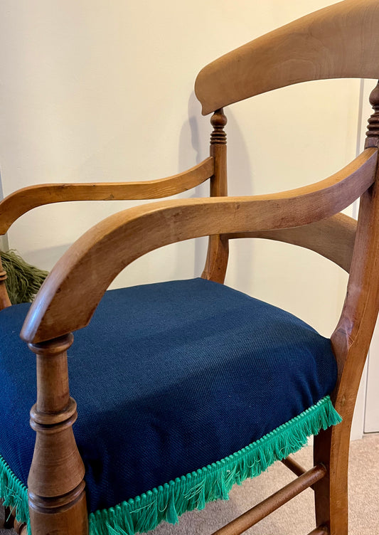 Vintage Carver Chair - Blue Upholstery with Green Tassel Trim