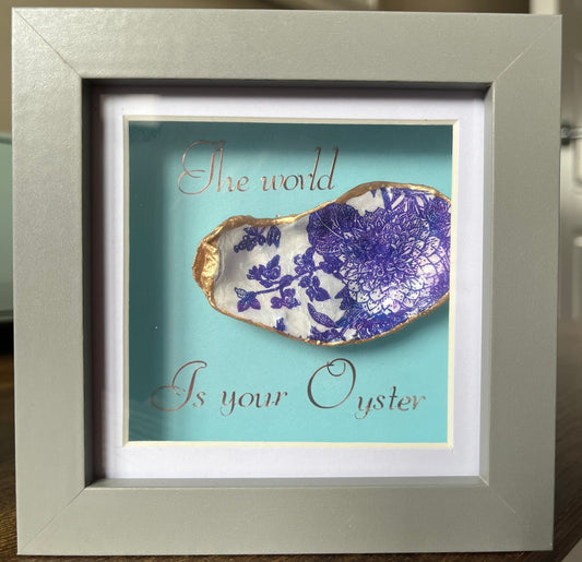 Grey frame with decoupaged oyster shell and gold wording