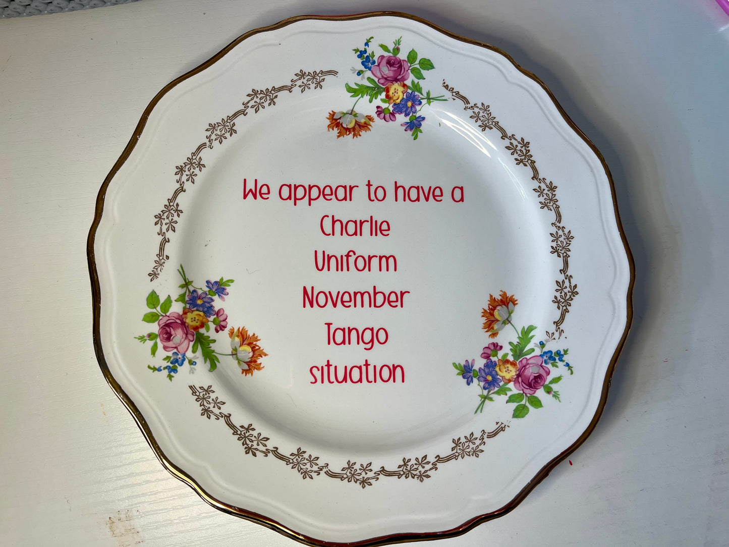 Vintage Dinner Plate – 'We Have a Charlie Uniform November Tango Situation'