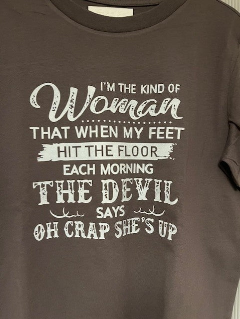 Dark grey t-shirt with white text on a plain background