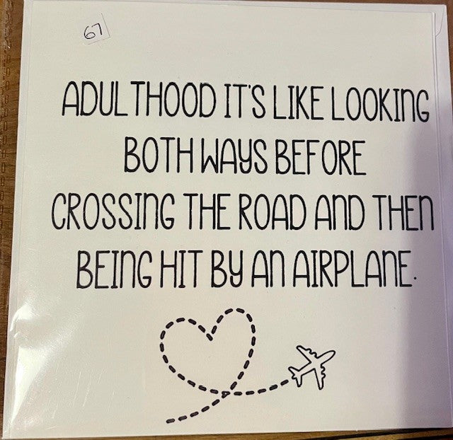 Humorous text on a white background with a heart and airplane illustration.