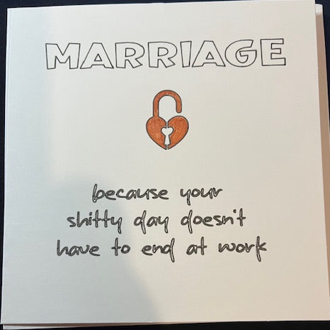Greetings card with humorous text about marriage and a lock illustration on a white background