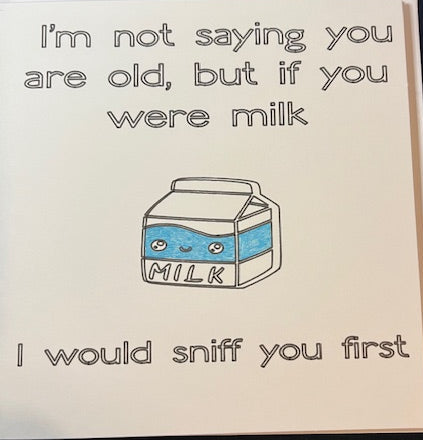 Greetings card with a milk carton illustration and humorous text on a white background