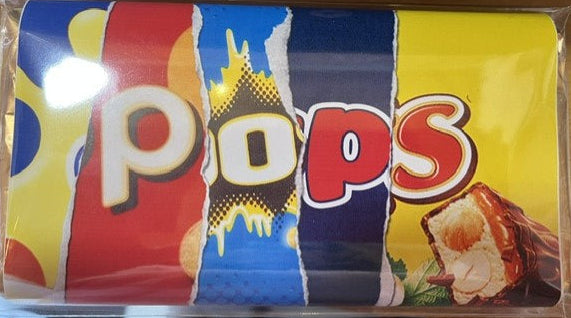 Packaged snack with colorful branding on a wooden surface