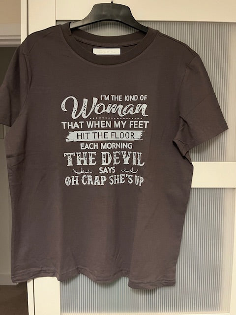 Dark grey t-shirt with humorous text design on a neutral background