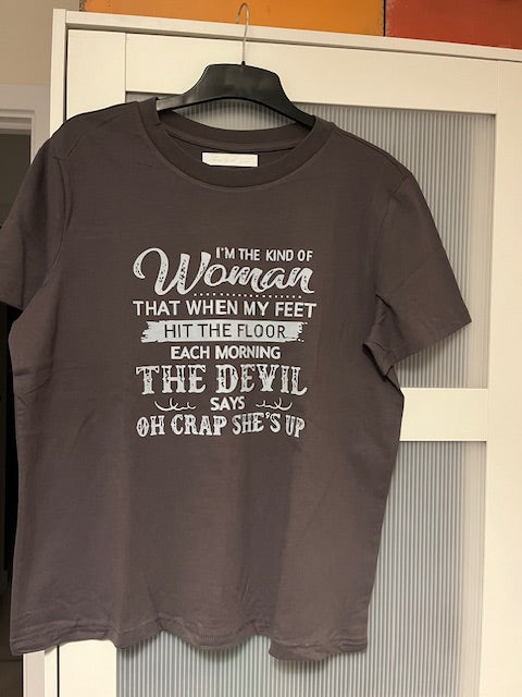 Dark grey t-shirt with white text 
