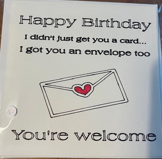 Birthday card with envelope illustration and humorous text
