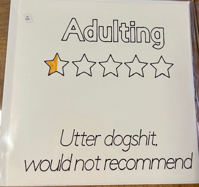 Card with 'Adulting' rating system and humorous text