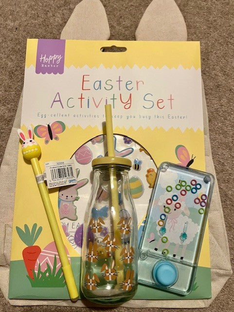 Happy Easter activity set with bottle, straw, pen, water game and canvas bag