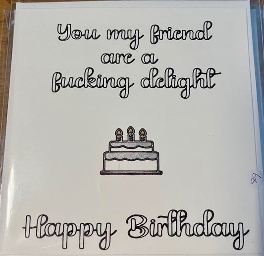 Birthday card with a cake illustration and text on a white background