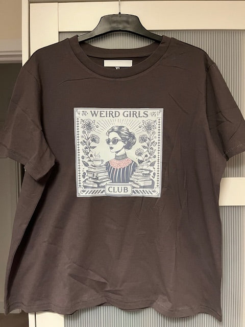 Dark grey t-shirt with a graphic design on a white background