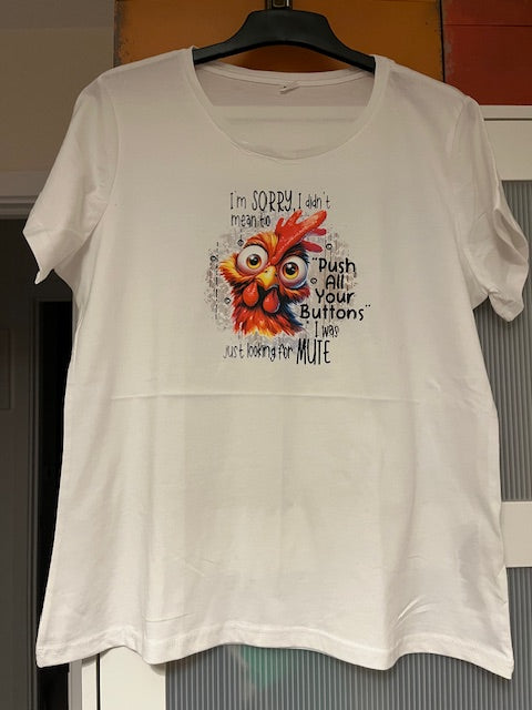 White t-shirt with a colorful chicken graphic and black text