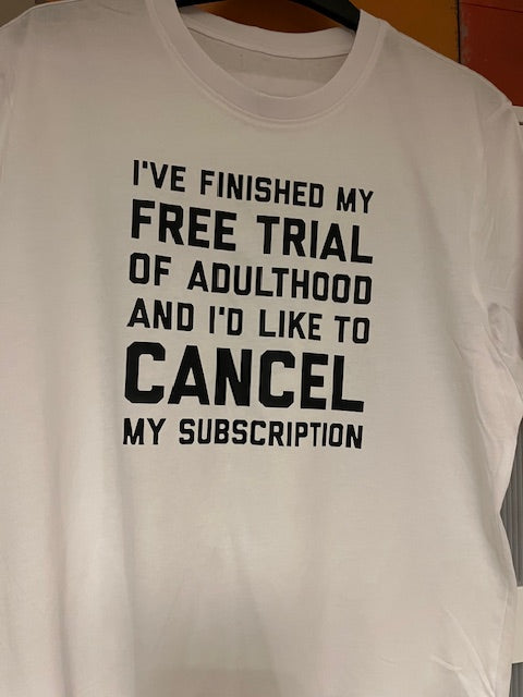 White t-shirt with black text on a white background