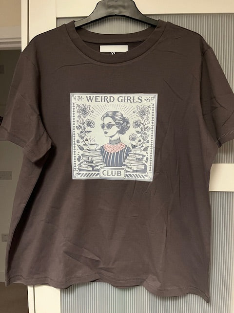 Dark grey t-shirt with graphic design on a plain background