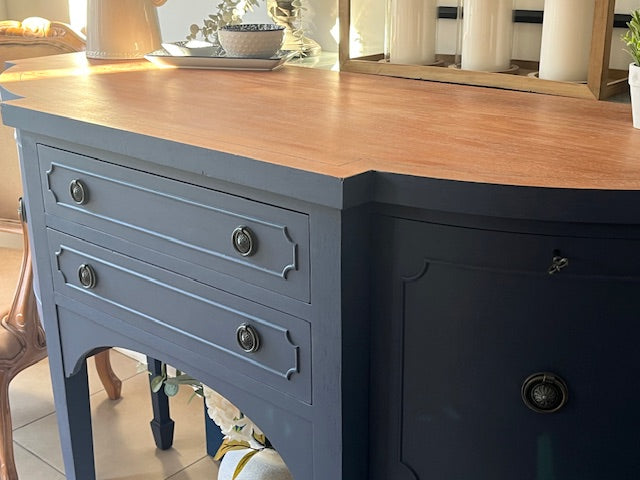 Blue dresser with wooden top two drawers and lockable cupboard with original key in full working order