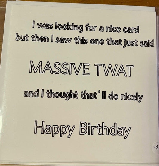 Birthday card with humorous text on a plain background