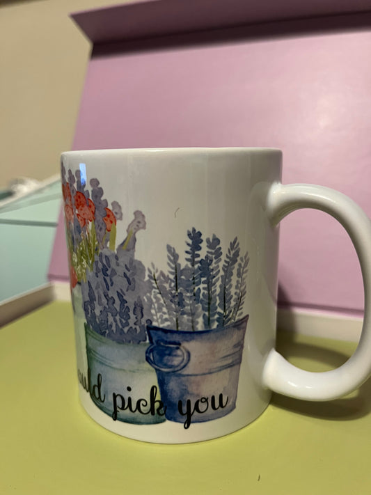 Mug with floral design and text 