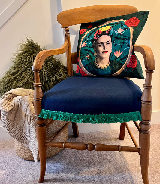 Vintage Carver Chair - Blue Upholstery with Green Tassel Trim