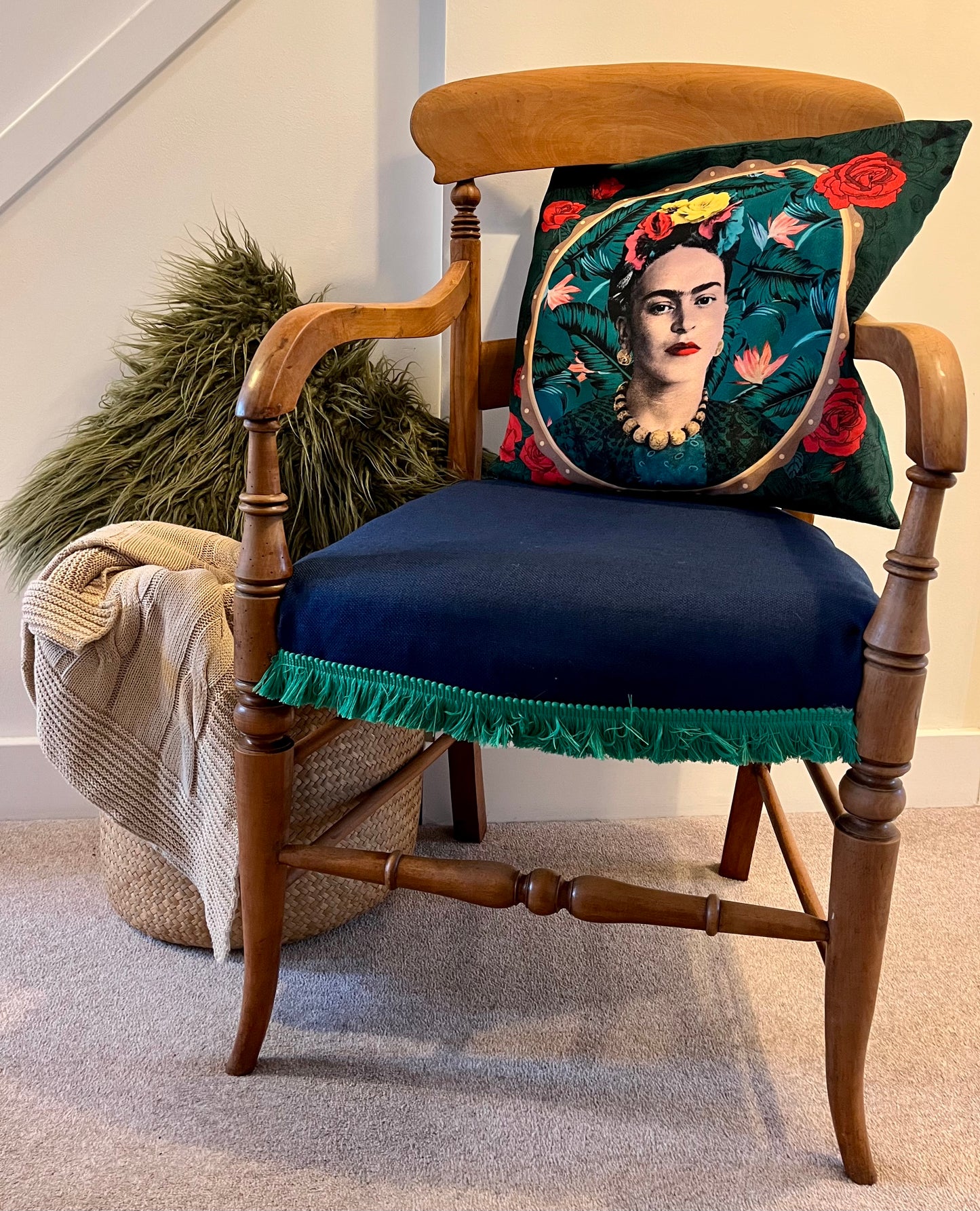 Vintage Carver Chair - Blue Upholstery with Green Tassel Trim