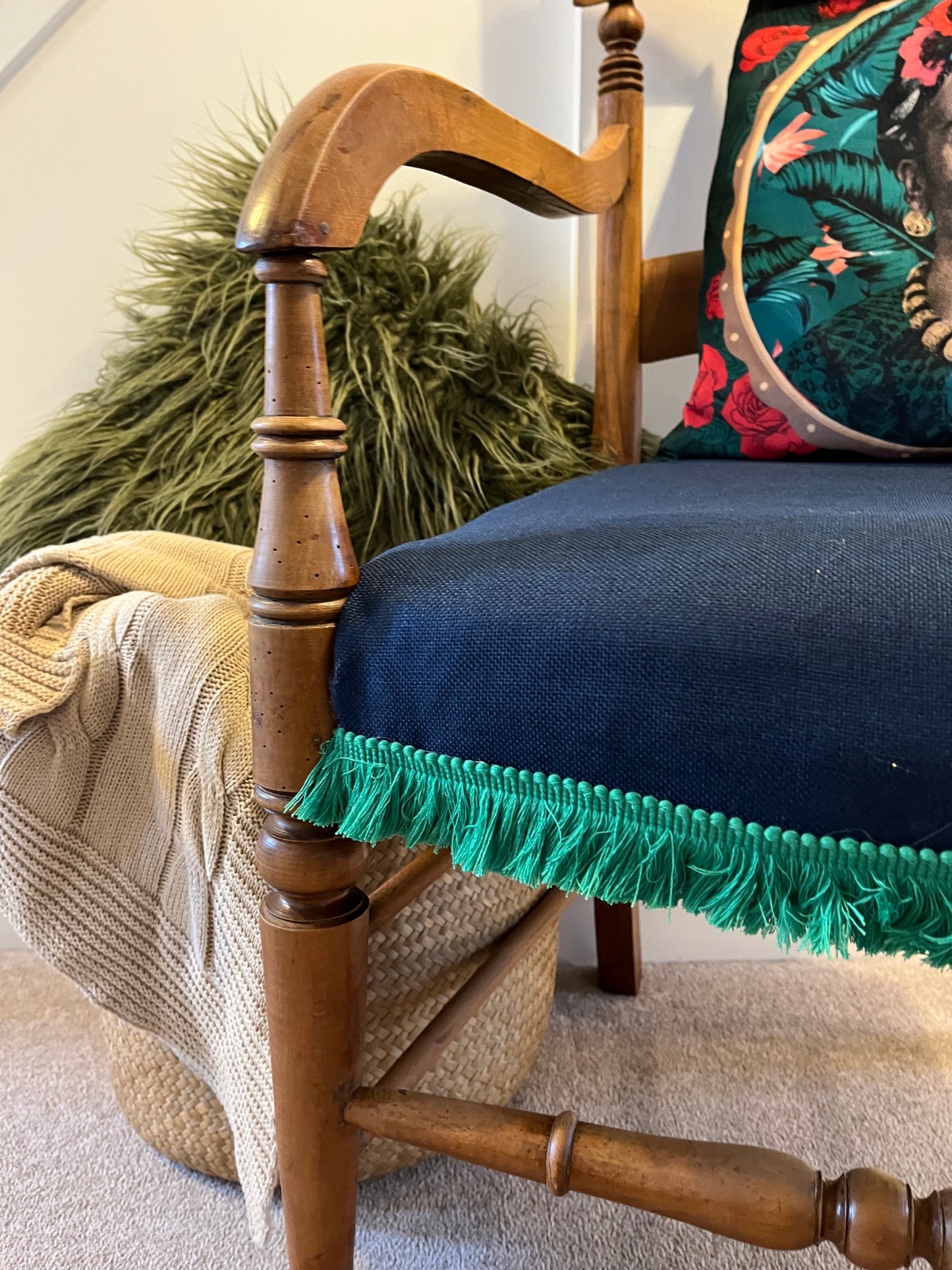 Vintage Carver Chair - Blue Upholstery with Green Tassel Trim