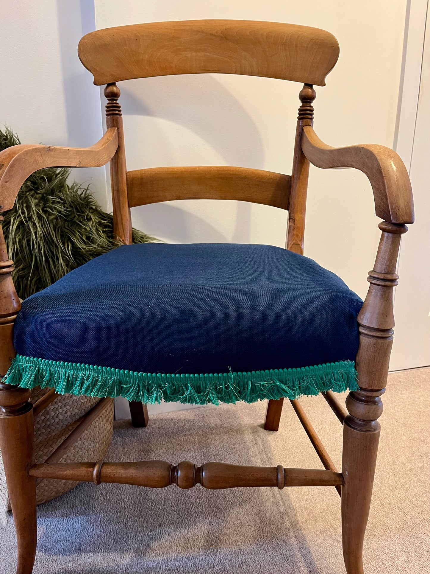 Vintage Carver Chair - Blue Upholstery with Green Tassel Trim