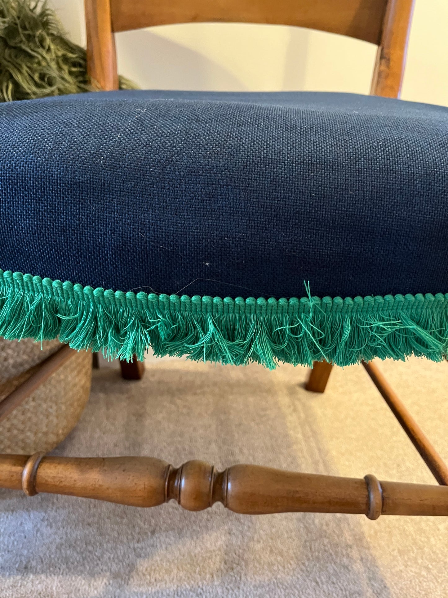 Vintage Carver Chair - Blue Upholstery with Green Tassel Trim