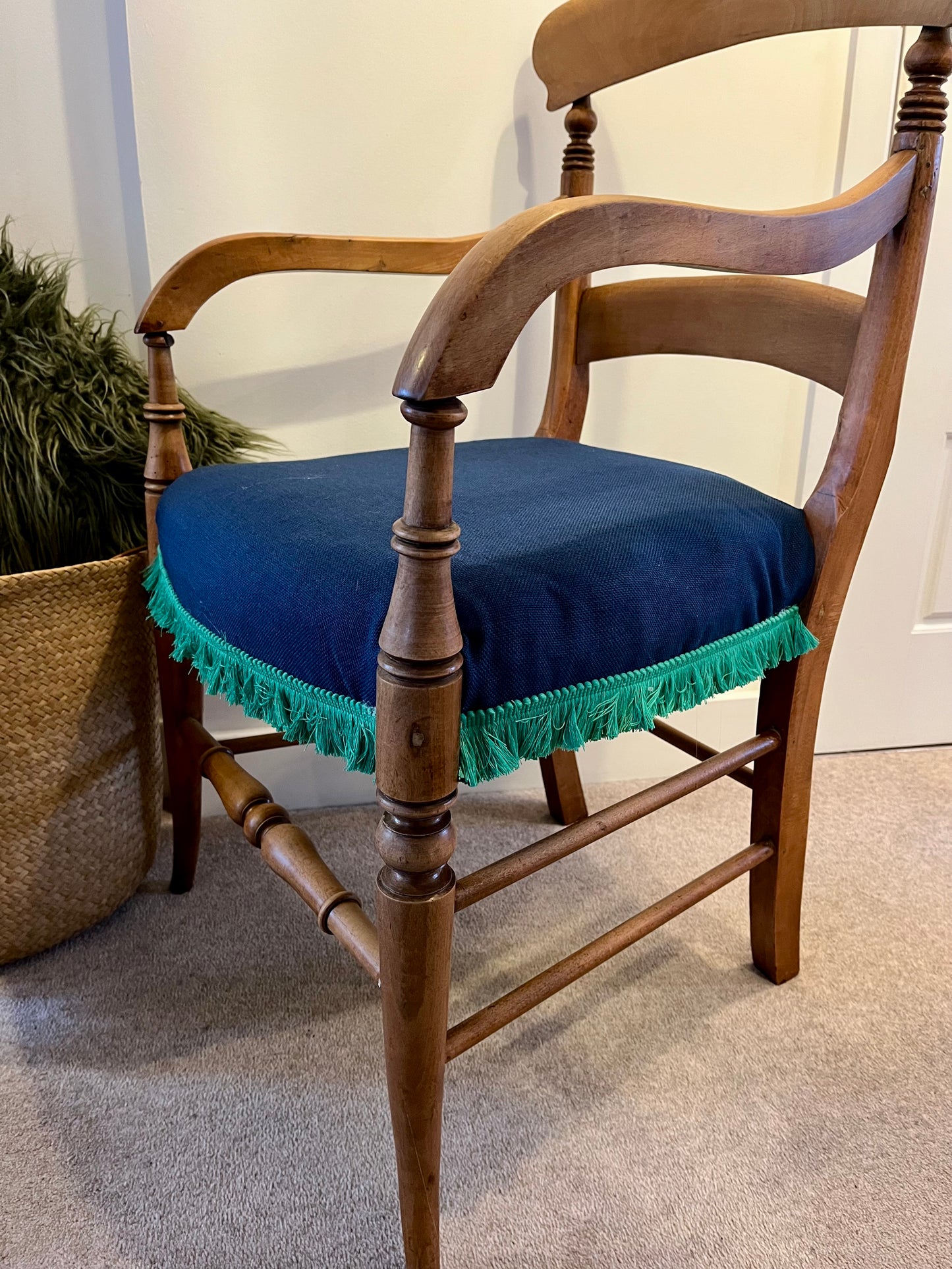 Vintage Carver Chair - Blue Upholstery with Green Tassel Trim