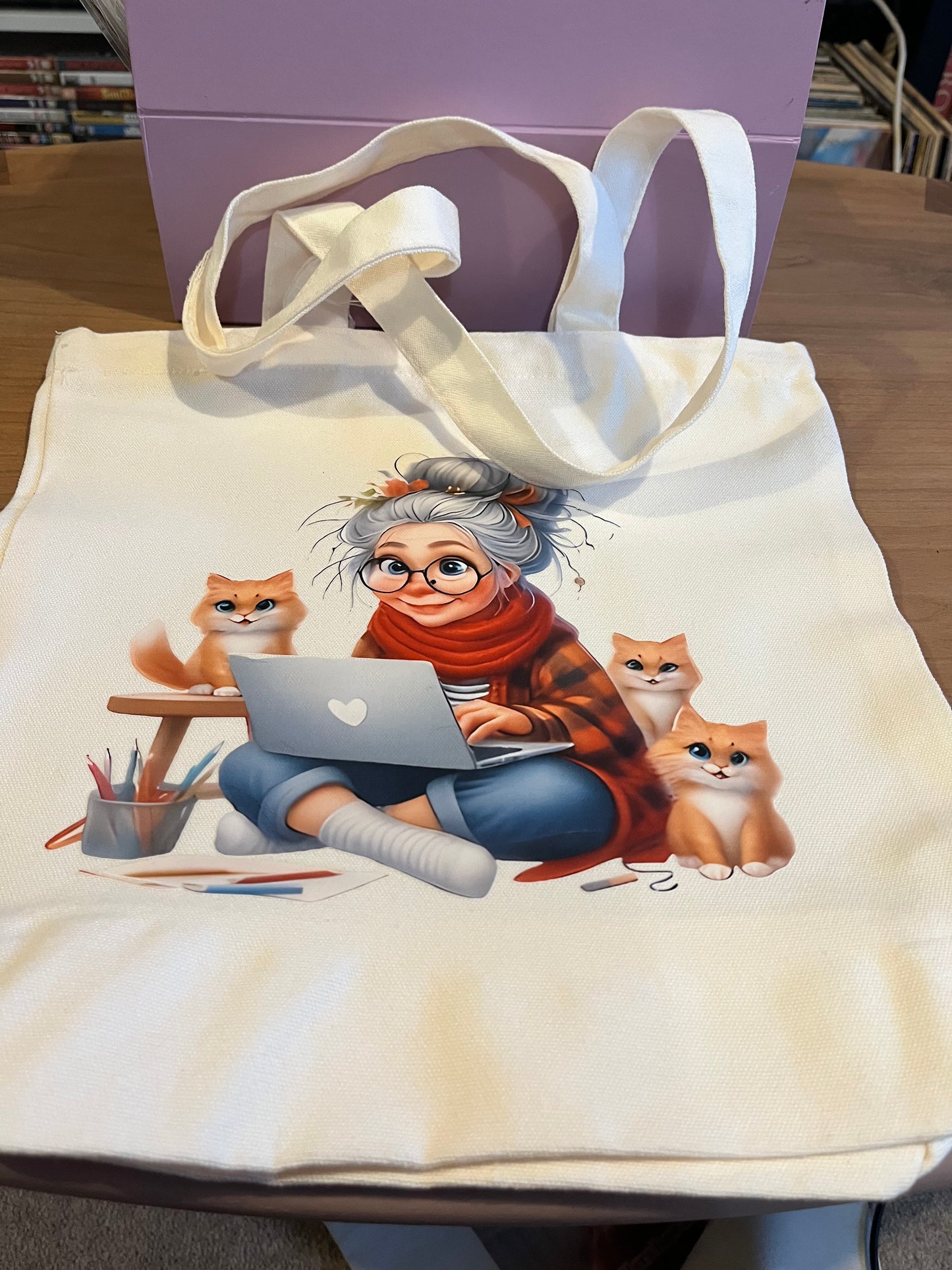 Tote bag with cartoon character design Lady with cats option