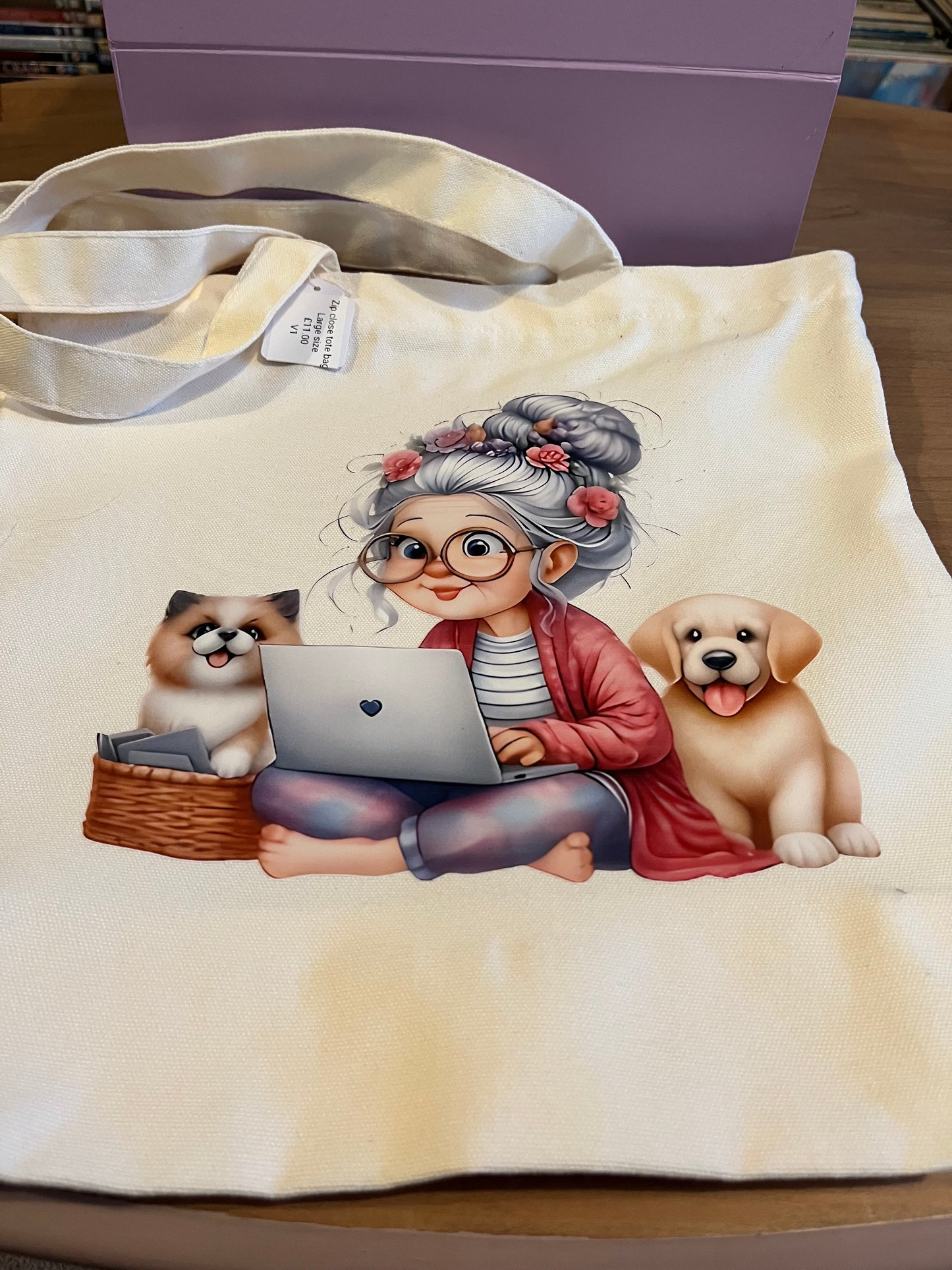 Illustration of a person with a dog on a pillow with a laptop - lady with dogs option