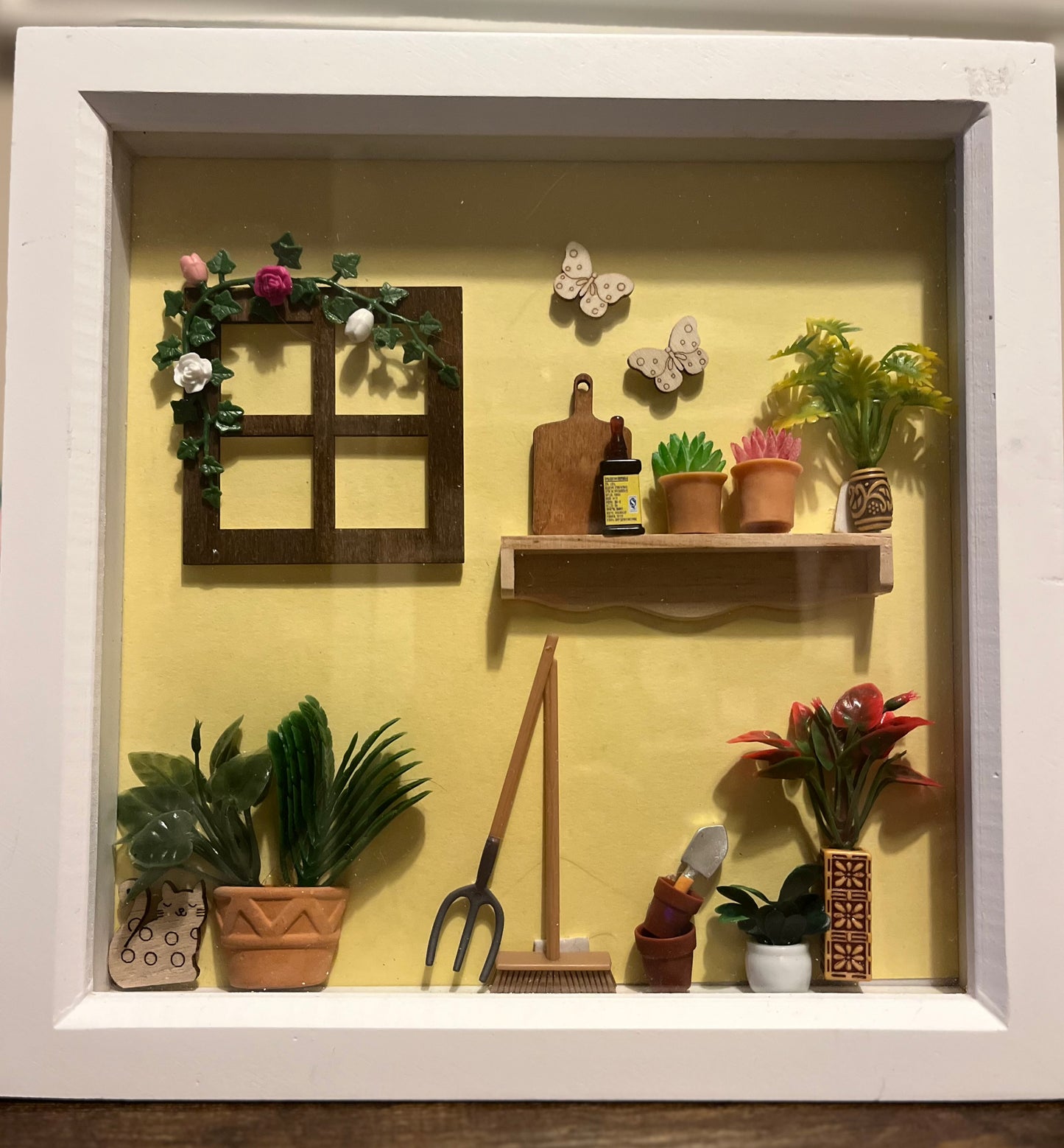 Garden Scene Shadowbox Frame - Miniature Plants & Tools 24cm