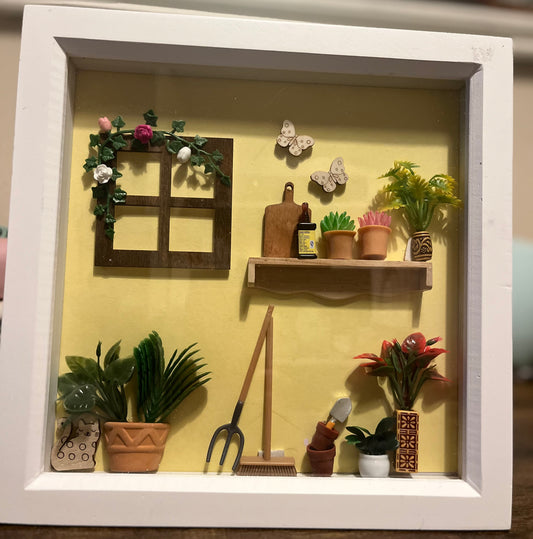 Garden Scene Shadowbox Frame - Miniature Plants & Tools 24cm