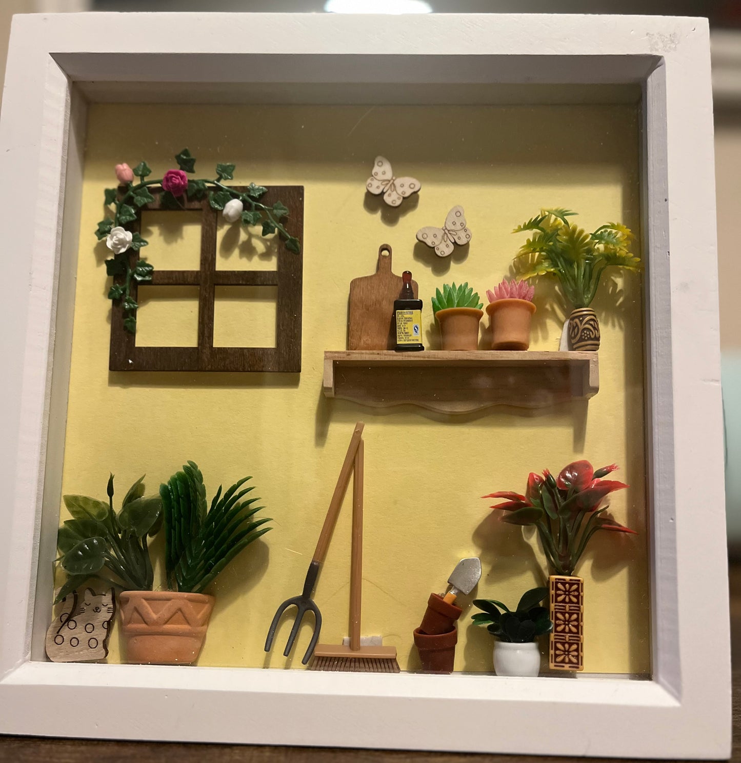 Garden Scene Shadowbox Frame - Miniature Plants & Tools 24cm