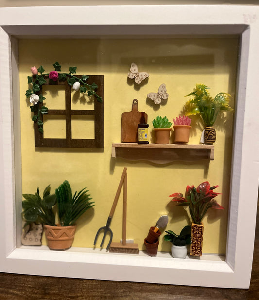 Garden Scene Shadowbox Frame - Miniature Plants & Tools 24cm
