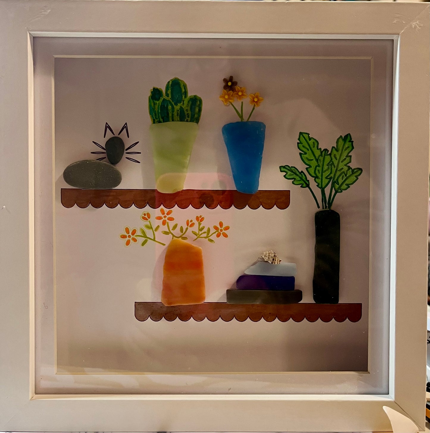 Sea Glass Coastal Shadowbox Frame - Cat & Plants 20cm Square