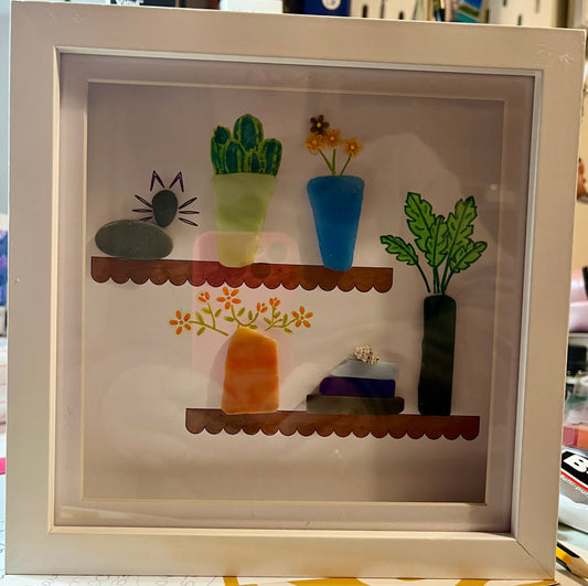 Sea Glass Coastal Shadowbox Frame - Cat & Plants 20cm Square