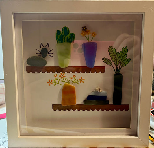 Sea Glass Coastal Shadowbox Frame - Cat & Plants 20cm Square