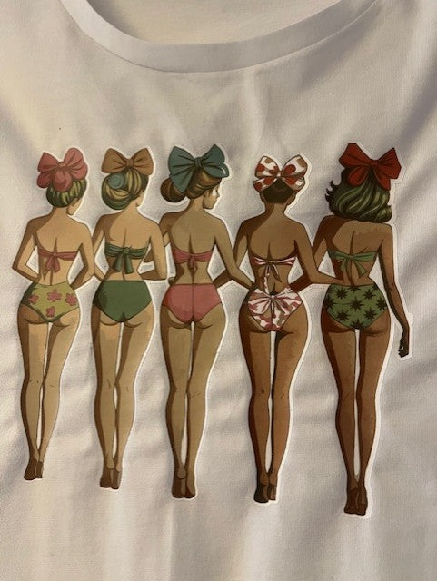 Illustration of five women in vintage-style swimsuits with colorful bows on a plain background