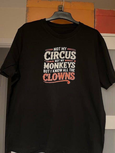 Black t-shirt with white & orange humorous text
