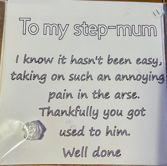 Handwritten card addressed to a step-mum with a humorous message.