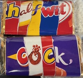 Two Galaxy bars with 'Halfwit' and 'Cock' labels