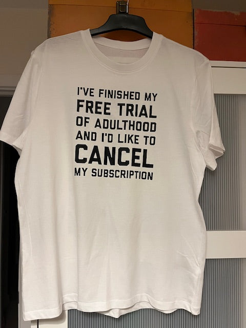 White t-shirt with humorous text 