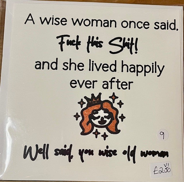 Card with humorous text and a cartoon character on a plain background