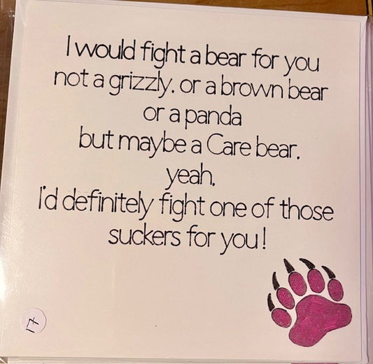 Card with humorous bear-themed text and a paw print on a white background