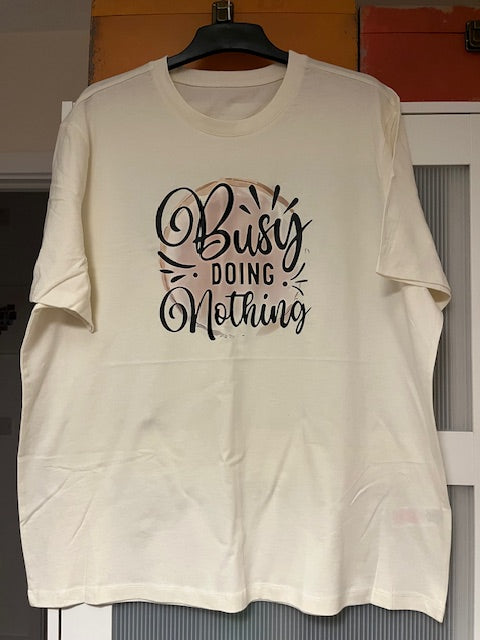 White t-shirt with black text