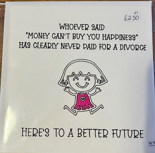 Card with a cartoon girl, humorous text about divorce.