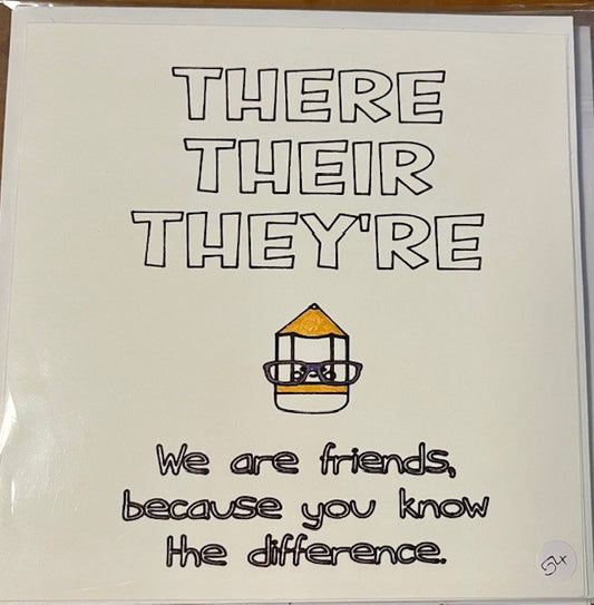 Card with humorous text correction example about friendship.